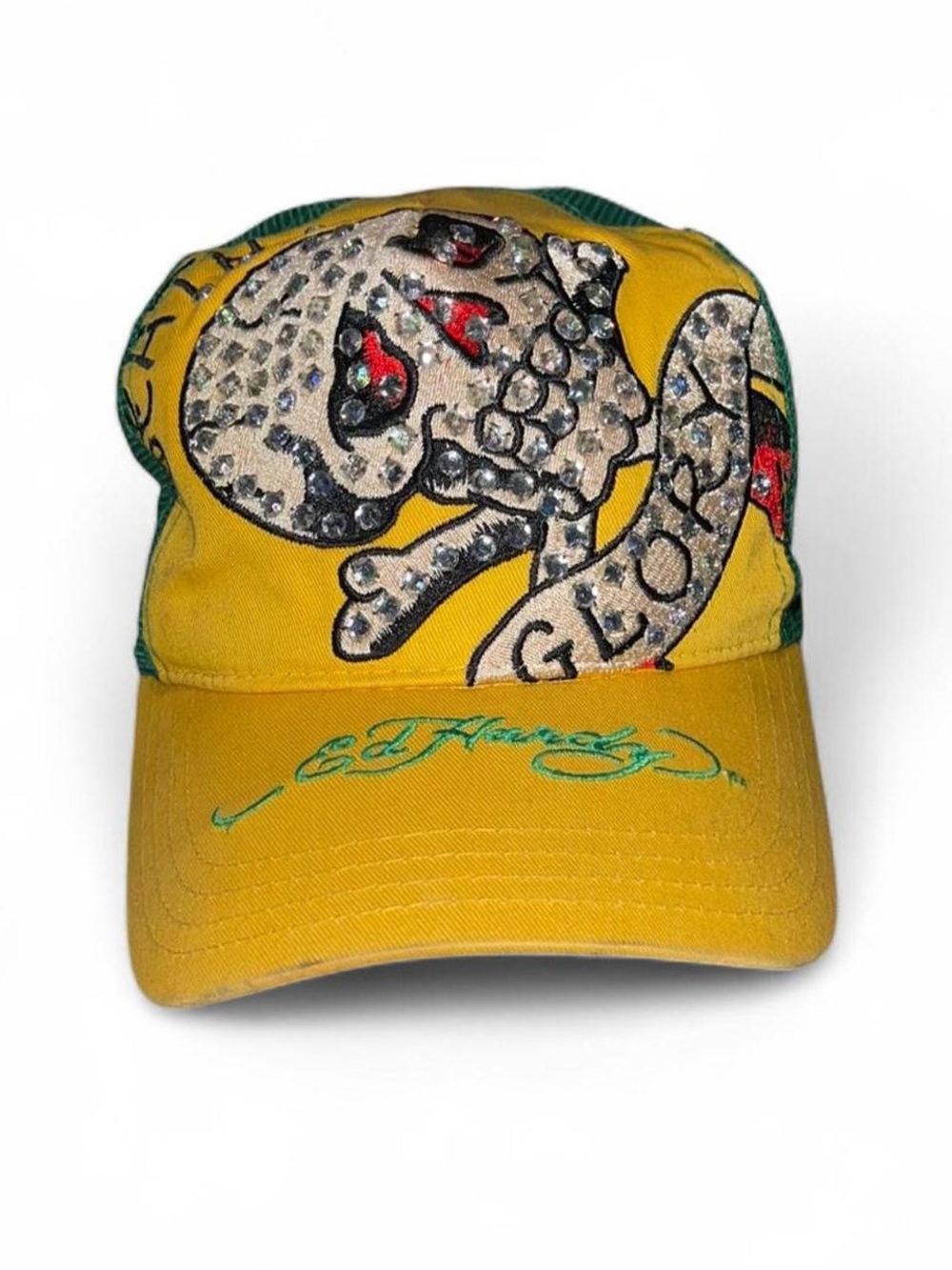 Ed Hardy by Christian Audigier Yellow Green Trucker Hat Embroidery & Rhinestone